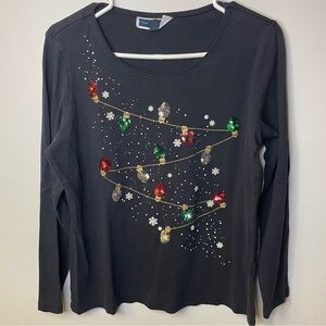 Karen Scott 100% Cotton Black Long Sleeve Top with Sequin Christmas Lights L